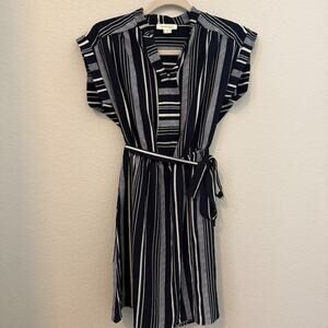 Monteau Los Angeles Striped Belted Dress Navy White Short Sleeve Women’s Small